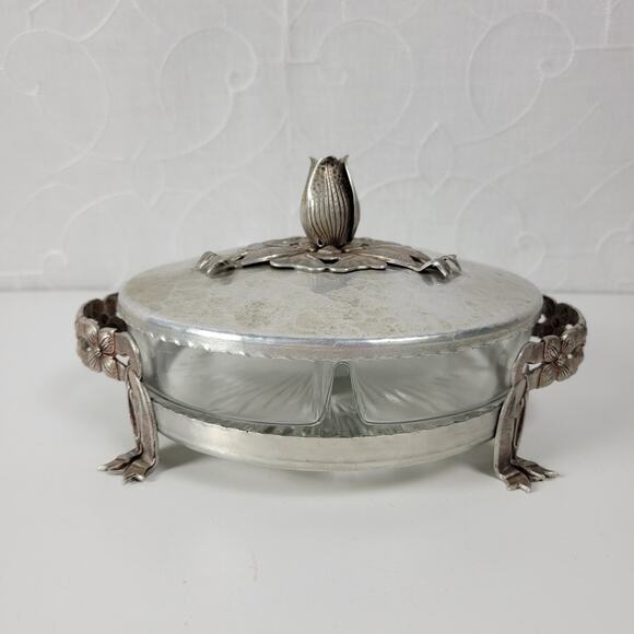 Vintage Rodney Kent Divided Glass Dish Hand Wrought Aluminum Floral Tulip Cover - Picture 1 of 16